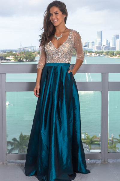 Teal Jeweled Top Maxi Dress with ...
